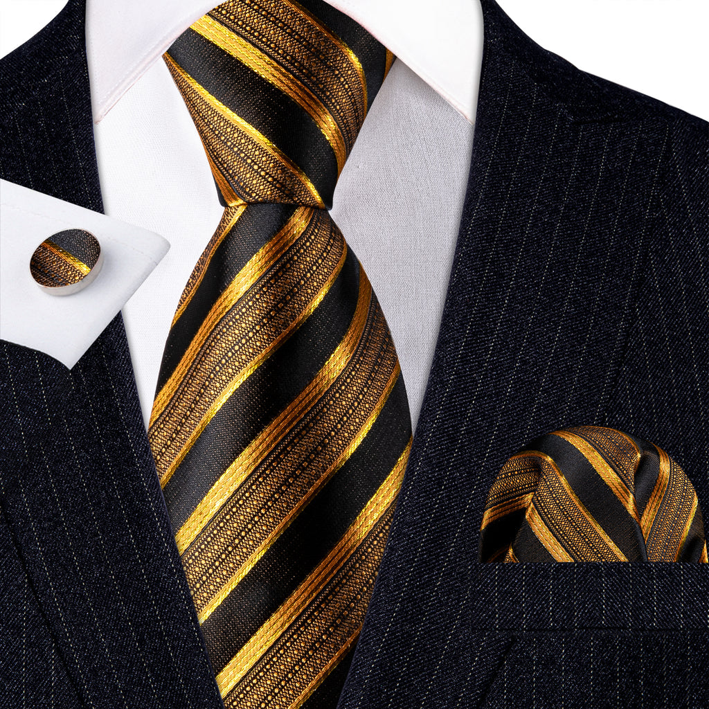 Black Gold Striped Silk Tie, Pocket Square and Cufflinks Set tie sets - Sophisticated Gentlemen