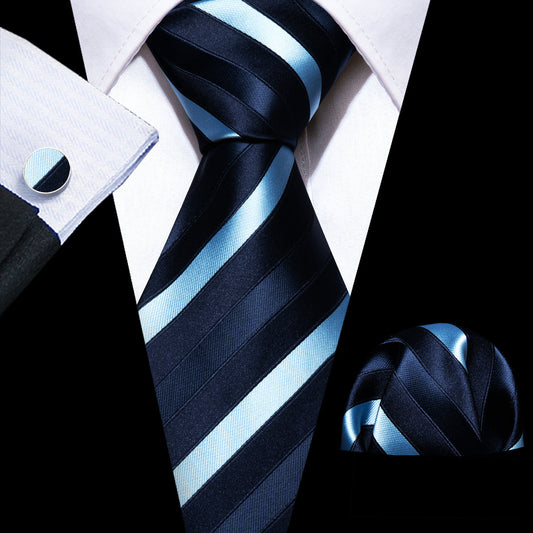 Blue Striped Silk Tie, Pocket Square and Cufflinks Set tie sets    - Sophisticated Gentlemen