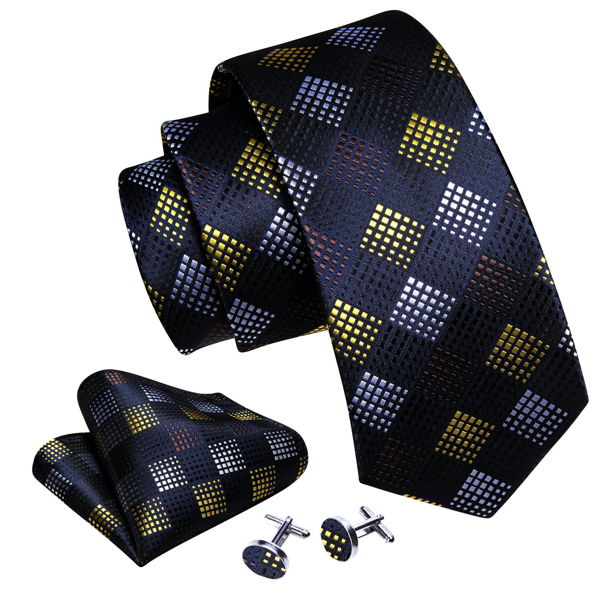 Black Yellow Plaid Fashion Silk Tie, Pocket Square and Cufflinks Set tie sets - Sophisticated Gentlemen