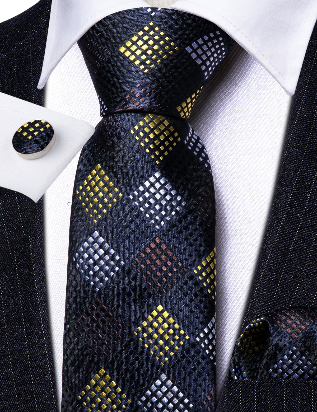 Black Yellow Plaid Fashion Silk Tie, Pocket Square and Cufflinks Set tie sets - Sophisticated Gentlemen