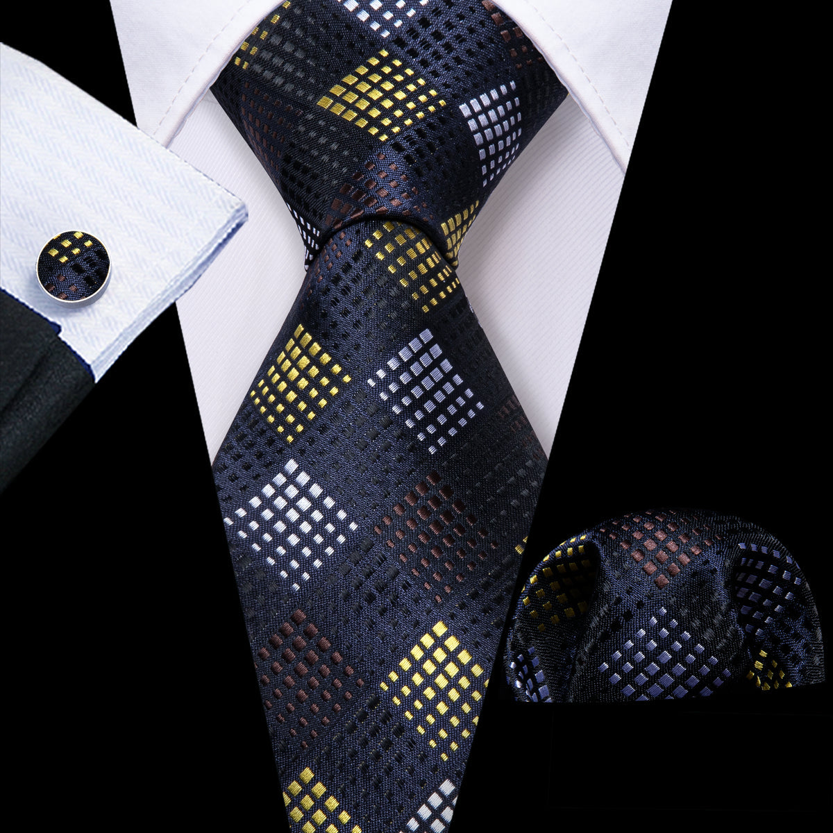 Black Yellow Plaid Fashion Silk Tie, Pocket Square and Cufflinks Set tie sets - Sophisticated Gentlemen