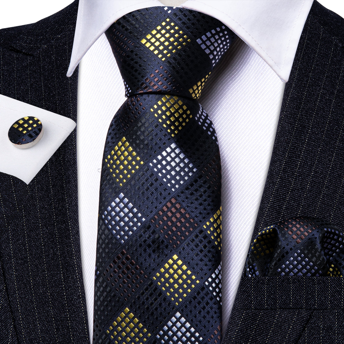 Black Yellow Plaid Fashion Silk Tie, Pocket Square and Cufflinks Set tie sets - Sophisticated Gentlemen