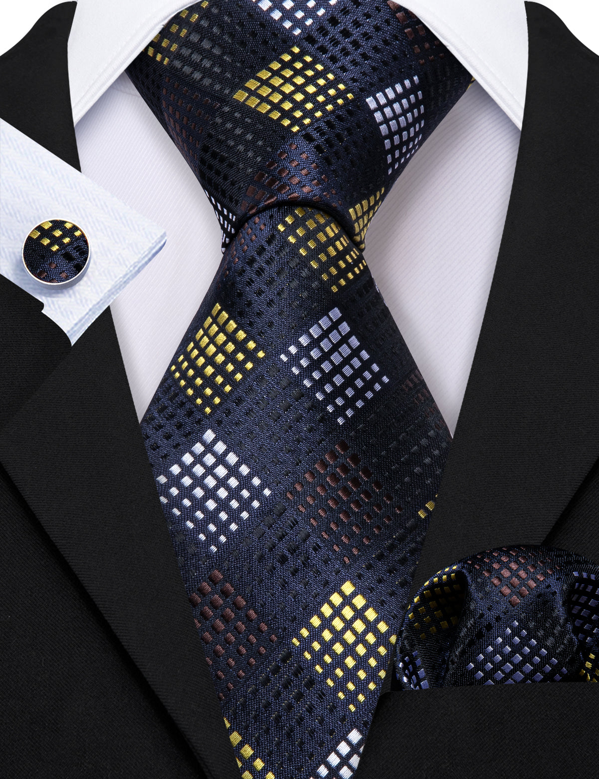 Black Yellow Plaid Fashion Silk Tie, Pocket Square and Cufflinks Set tie sets - Sophisticated Gentlemen