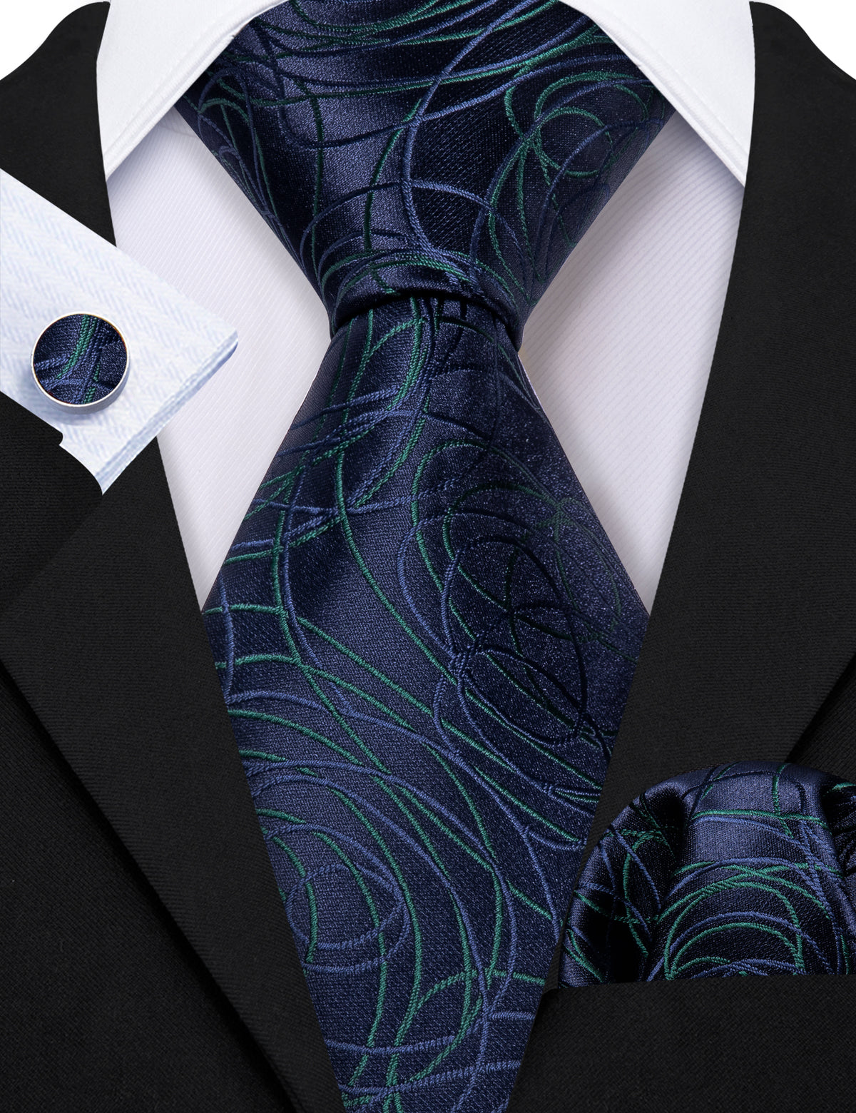 Blue Green Line Silk Tie, Pocket Square and Cufflinks Set tie sets - Sophisticated Gentlemen