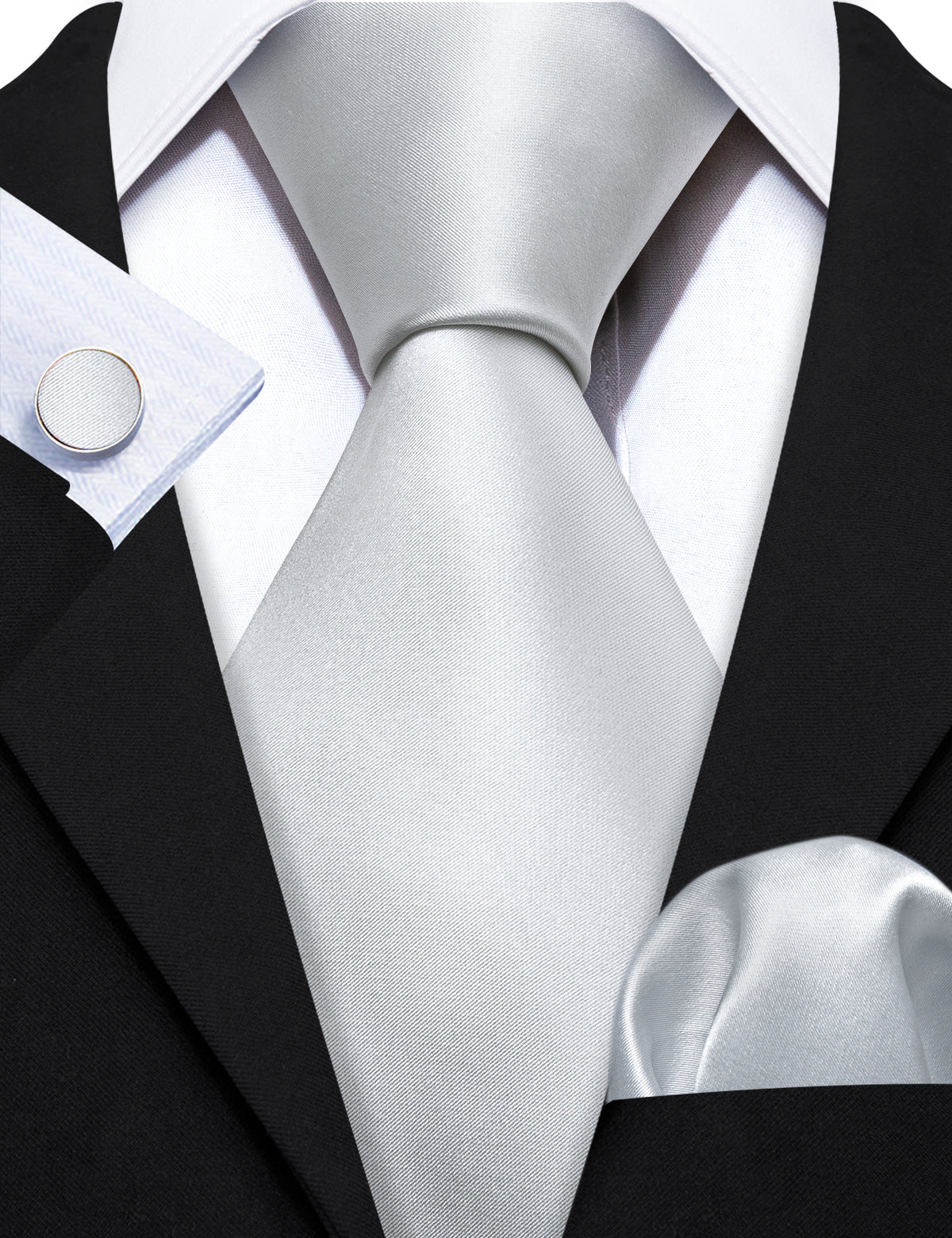 Silver White Solid Tie, Pocket Square and Cufflinks Set tie sets - Sophisticated Gentlemen