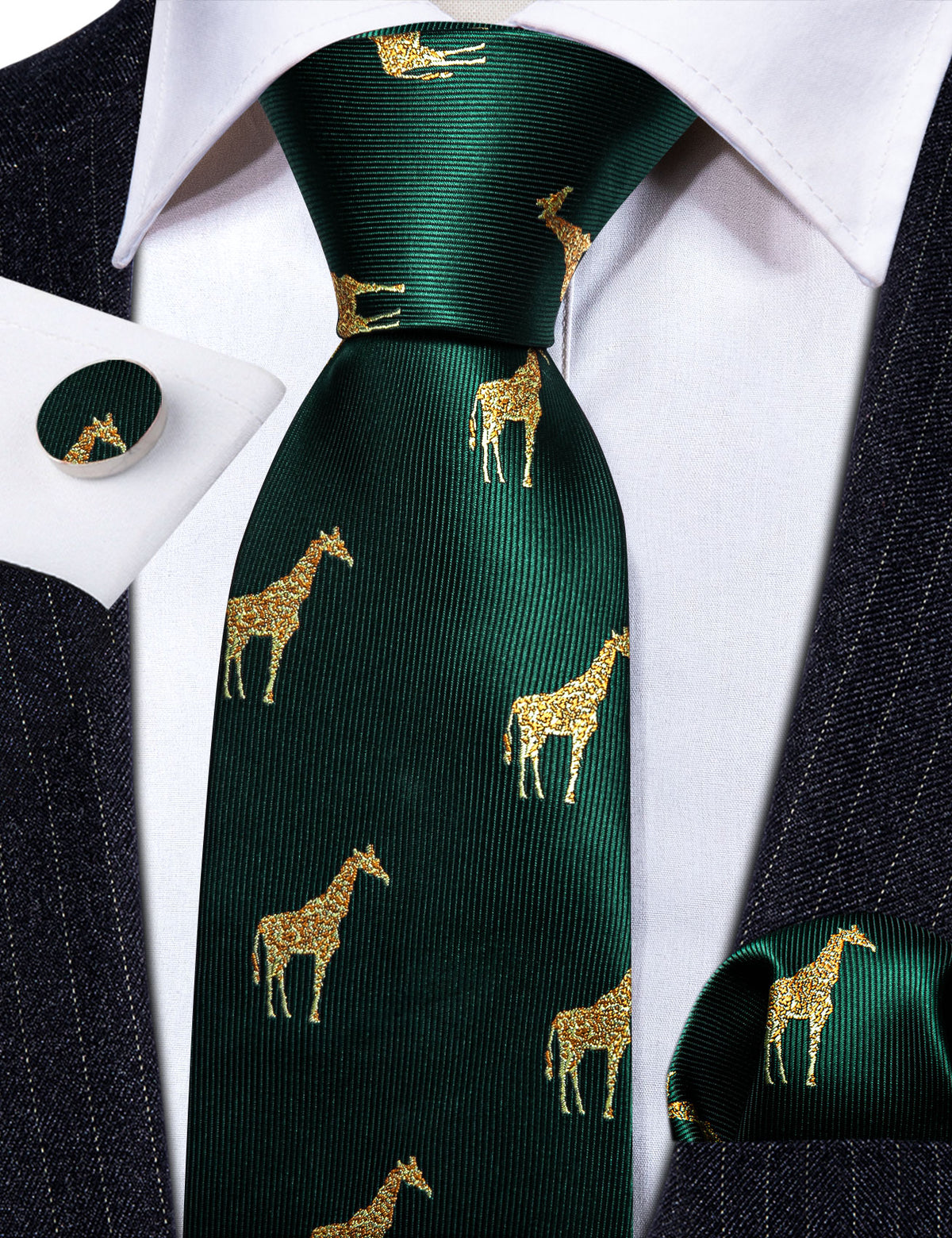 Green Gold Giraffe Print Silk Tie, Pocket Square and Cufflinks Set tie sets - Sophisticated Gentlemen