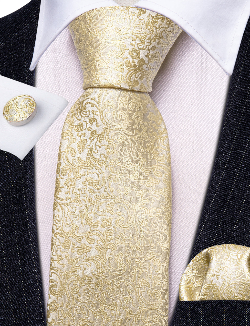 Light Yellow Floral Paisley Tie, Pocket Square and Cufflinks Set tie sets - Sophisticated Gentlemen