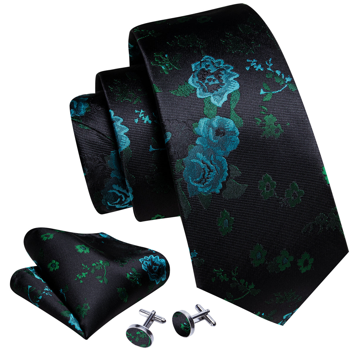 Black Green Roses Flower Tie, Pocket Square and Cufflinks Set tie sets - Sophisticated Gentlemen