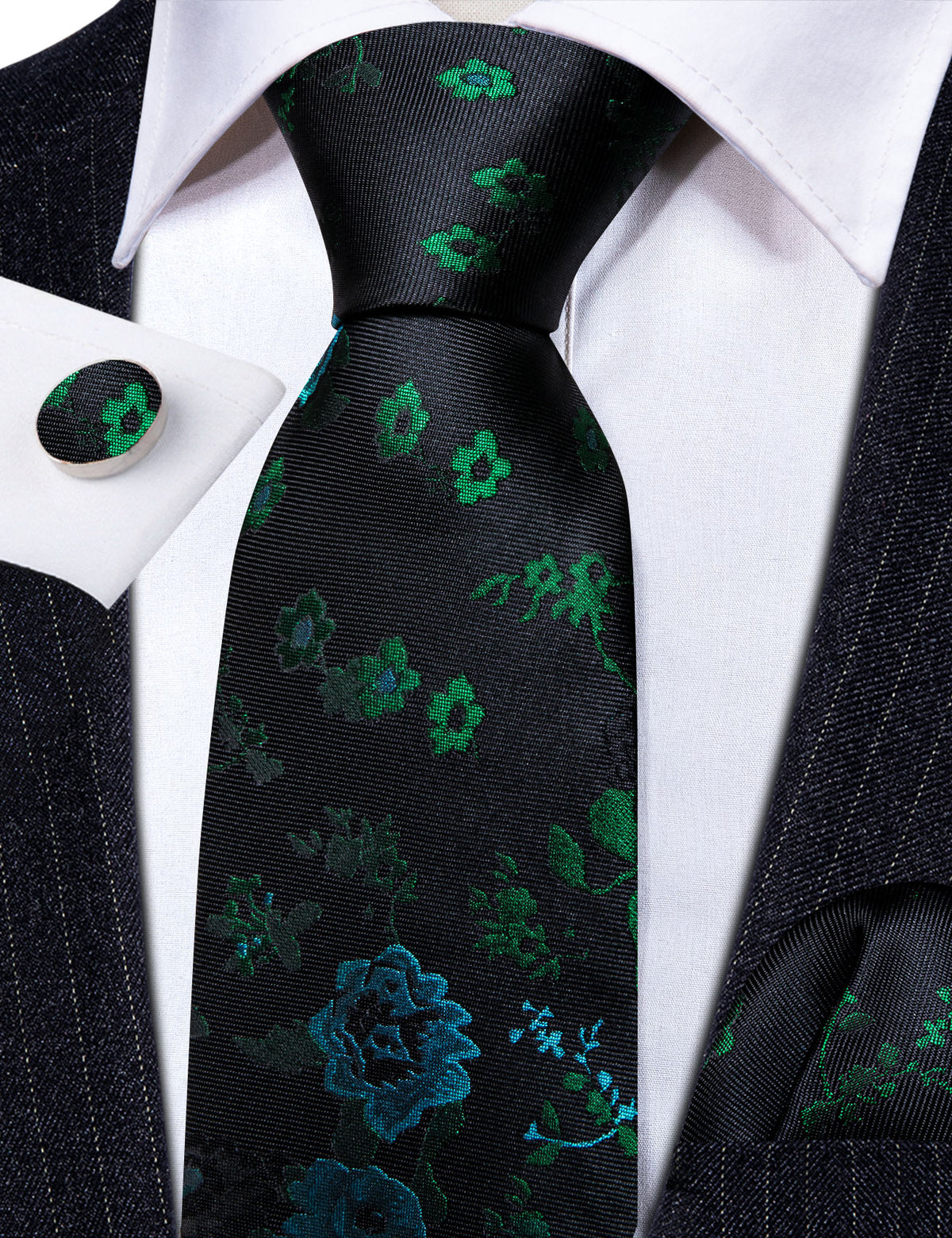 Black Green Roses Flower Tie, Pocket Square and Cufflinks Set tie sets - Sophisticated Gentlemen