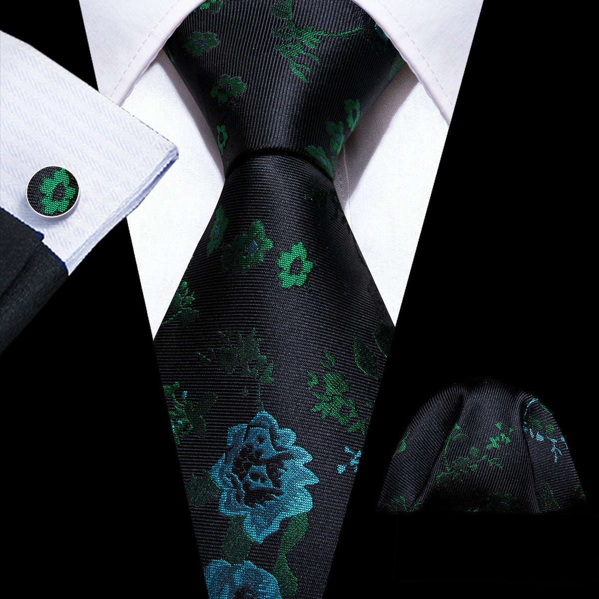 Black Green Roses Flower Tie, Pocket Square and Cufflinks Set tie sets - Sophisticated Gentlemen