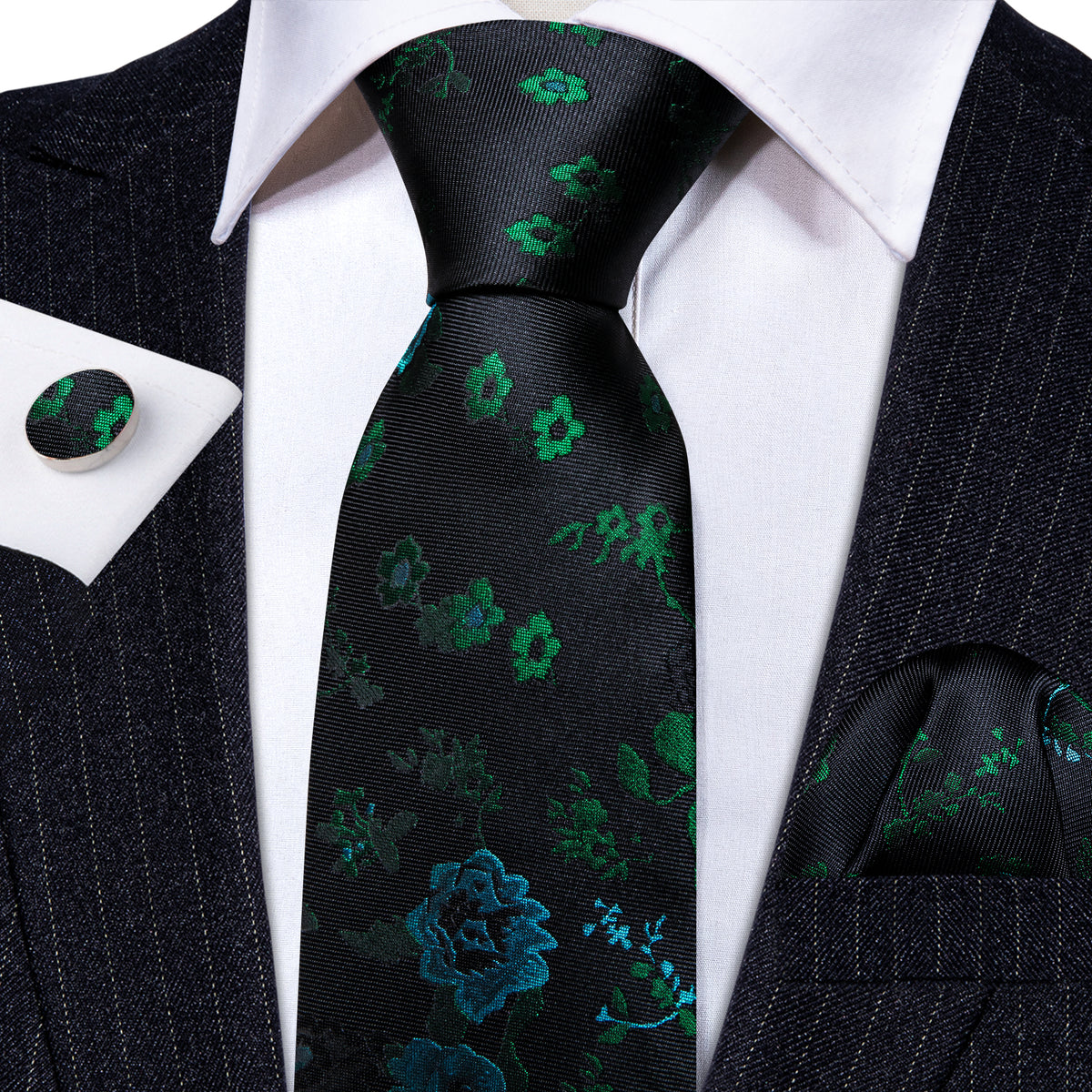 Black Green Roses Flower Tie, Pocket Square and Cufflinks Set tie sets - Sophisticated Gentlemen