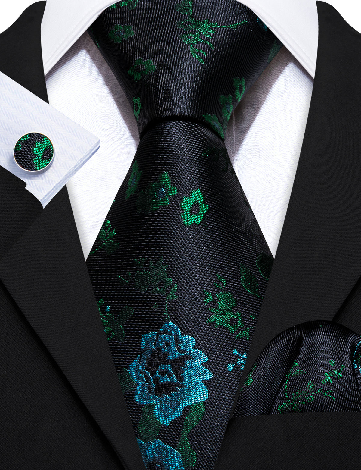 Black Green Roses Flower Tie, Pocket Square and Cufflinks Set tie sets - Sophisticated Gentlemen
