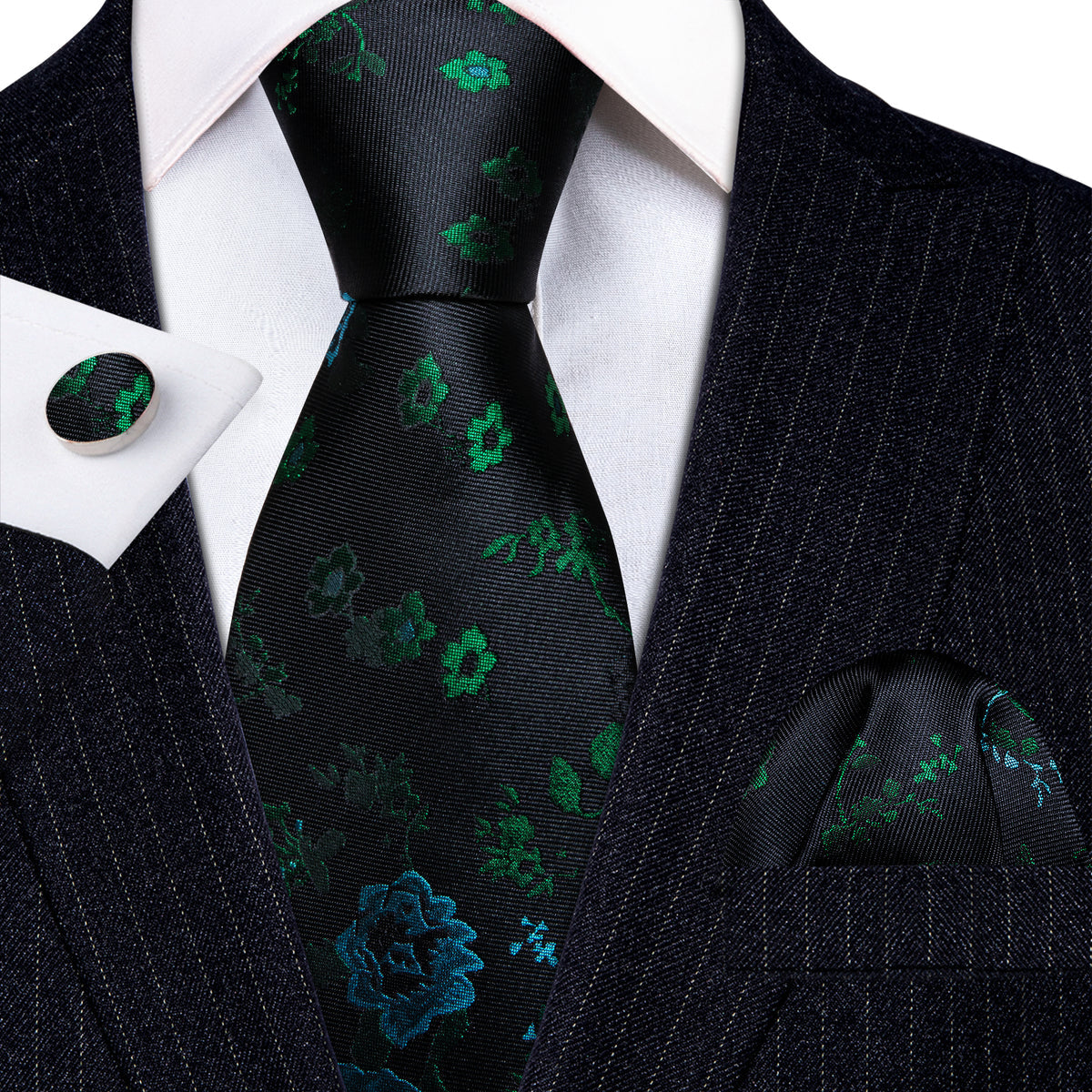 Black Green Roses Flower Tie, Pocket Square and Cufflinks Set tie sets - Sophisticated Gentlemen