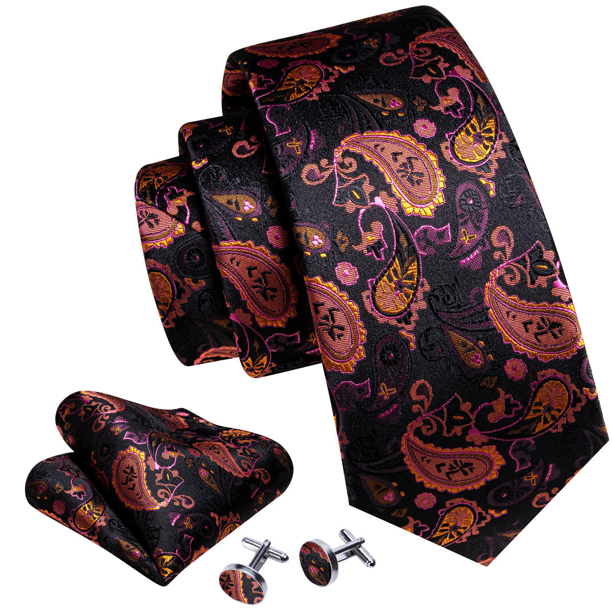 Orange Black Purple Paisley Tie, Pocket Square and Cufflinks Set tie sets - Sophisticated Gentlemen