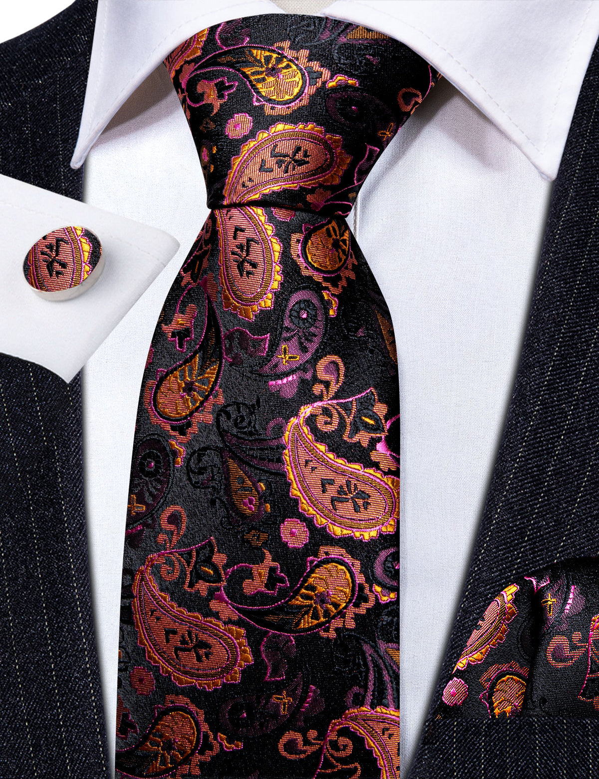 Orange Black Purple Paisley Tie, Pocket Square and Cufflinks Set tie sets - Sophisticated Gentlemen