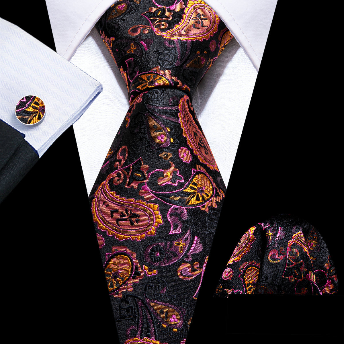 Orange Black Purple Paisley Tie, Pocket Square and Cufflinks Set tie sets - Sophisticated Gentlemen