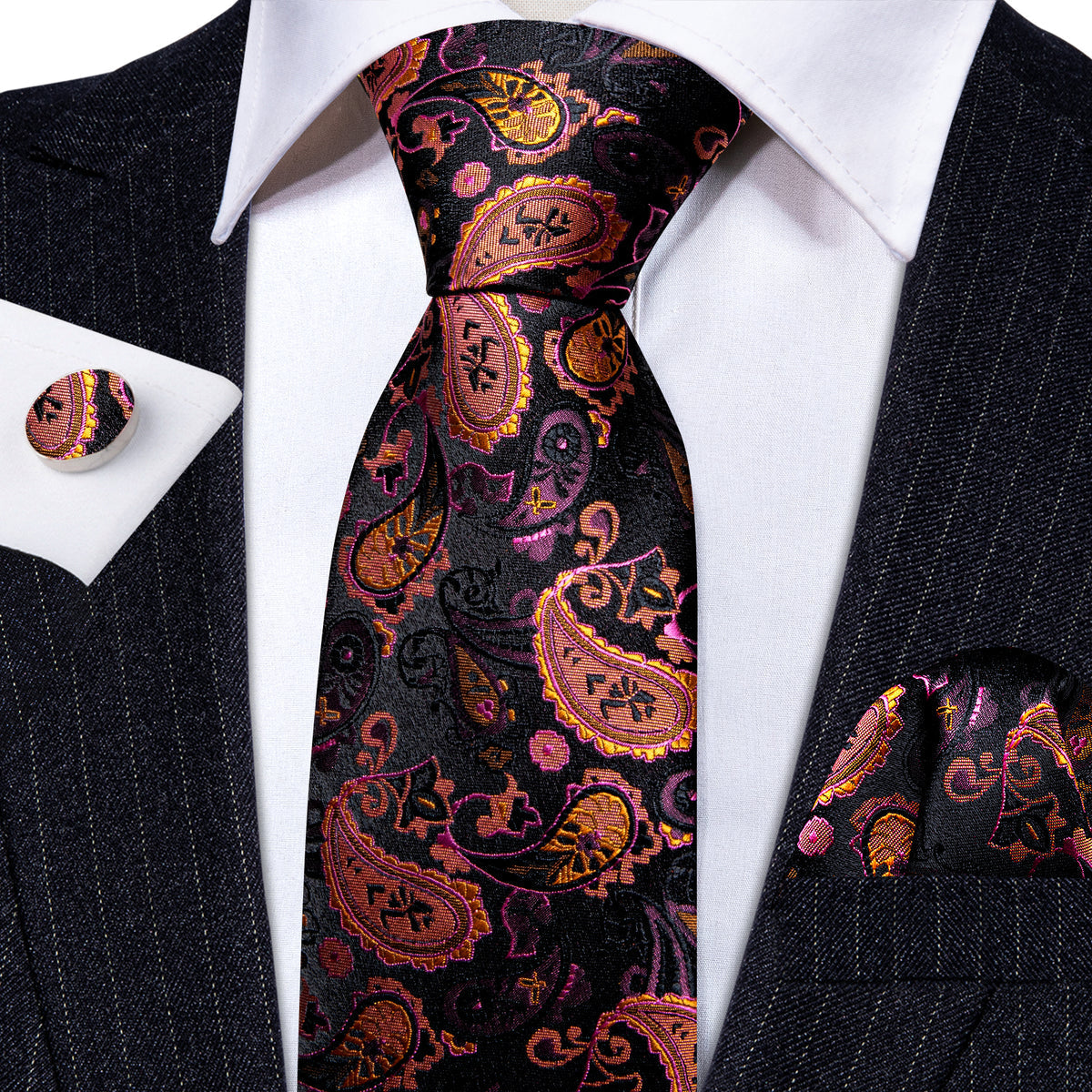 Orange Black Purple Paisley Tie, Pocket Square and Cufflinks Set tie sets - Sophisticated Gentlemen