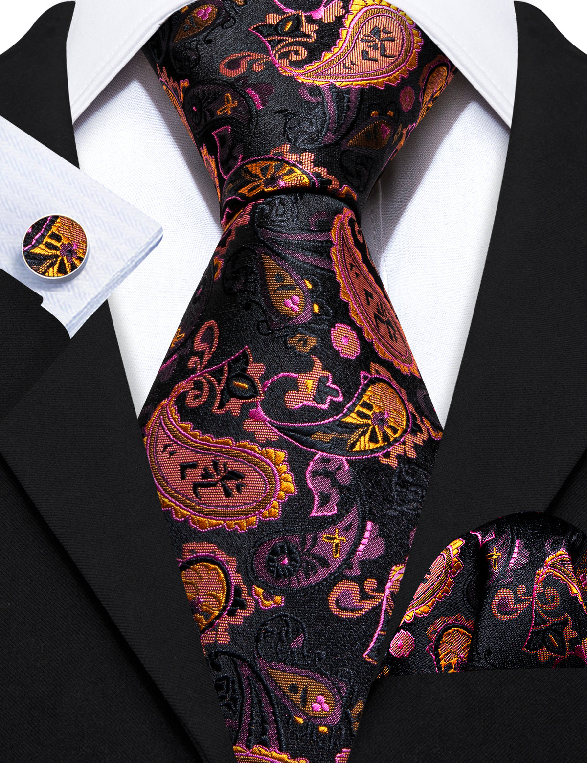 Orange Black Purple Paisley Tie, Pocket Square and Cufflinks Set tie sets - Sophisticated Gentlemen