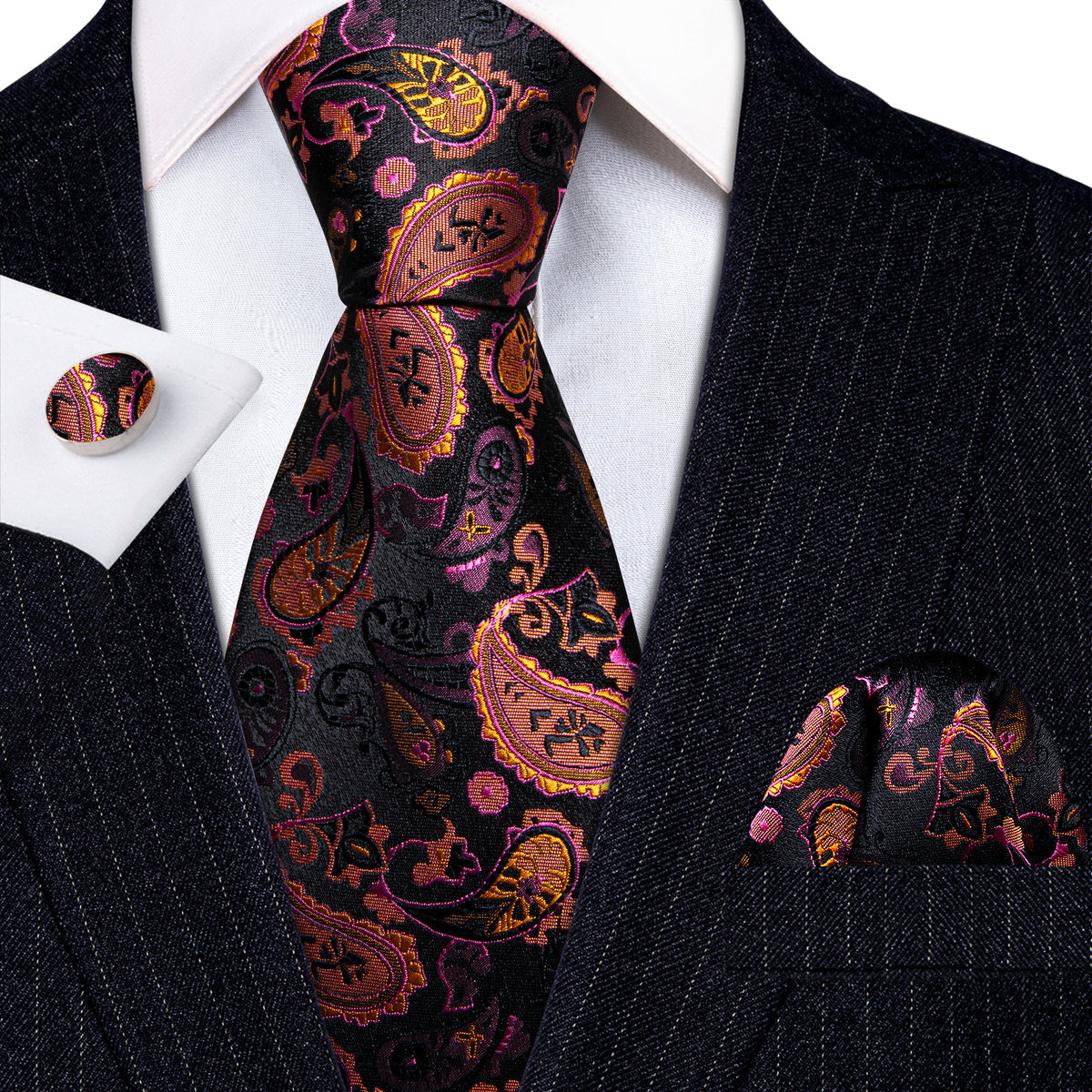 Orange Black Purple Paisley Tie, Pocket Square and Cufflinks Set tie sets - Sophisticated Gentlemen