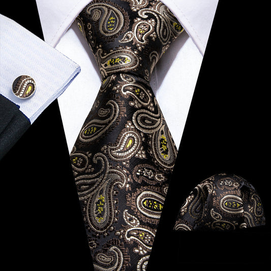 Brown Yellow Paisley Silk Tie, Pocket Square and Cufflinks Set tie sets    - Sophisticated Gentlemen