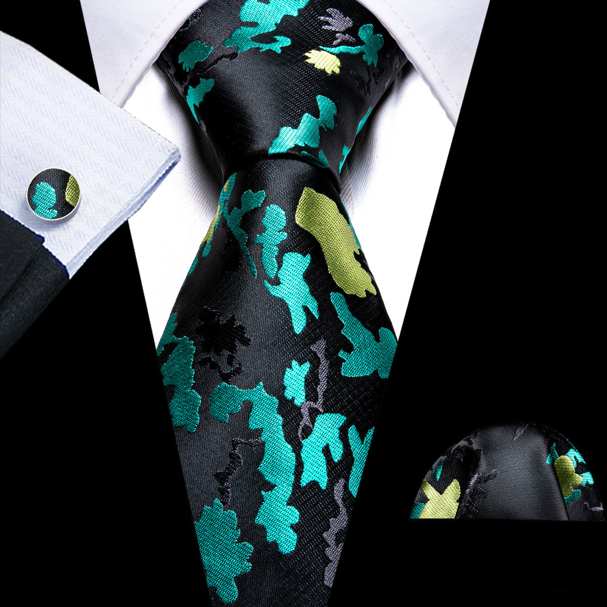 Black Blue Novetly Floral Silk Tie, Pocket Square and Cufflinks Set tie sets - Sophisticated Gentlemen