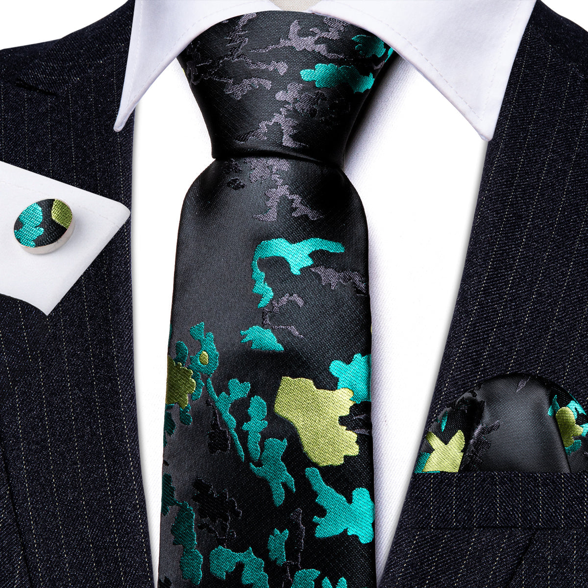 Black Blue Novetly Floral Silk Tie, Pocket Square and Cufflinks Set tie sets - Sophisticated Gentlemen
