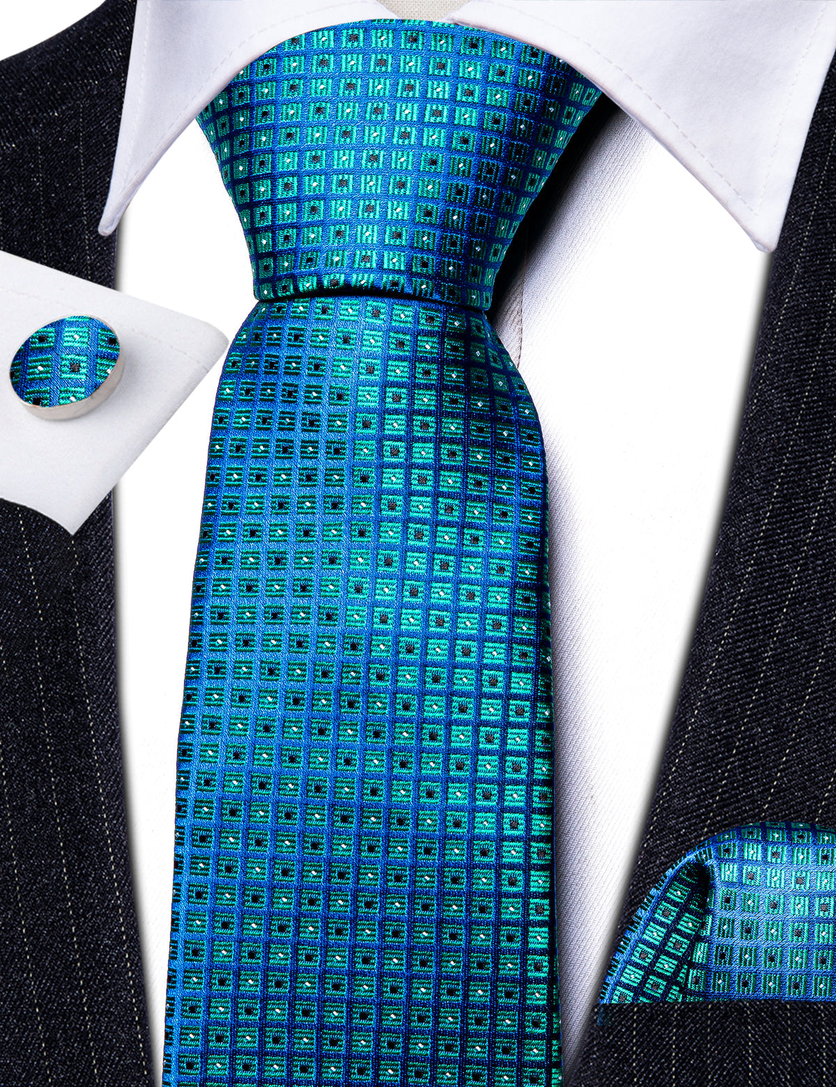 Blue Novetly Plaid Silk Tie, Pocket Square and Cufflinks Set tie sets - Sophisticated Gentlemen