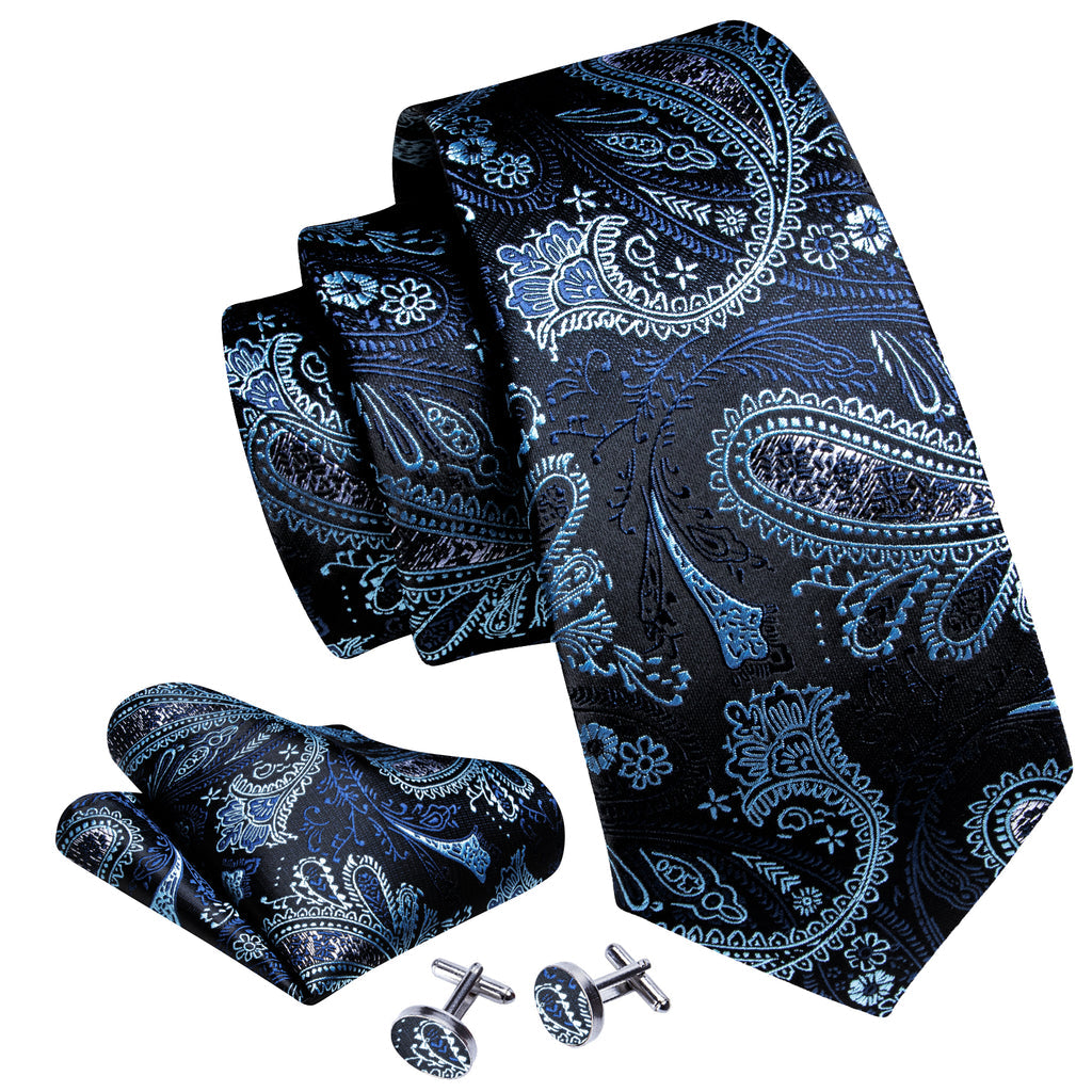 Shining Black Blue Paisley Tie, Pocket Square and Cufflinks Set tie sets - Sophisticated Gentlemen