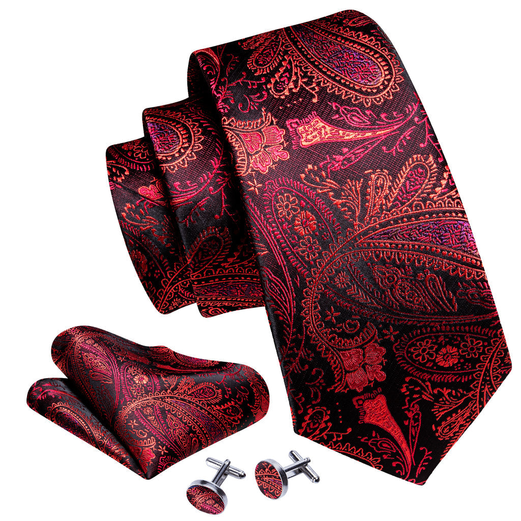Red Black Paisley Silk Tie, Pocket Square and Cufflinks Set tie sets    - Sophisticated Gentlemen