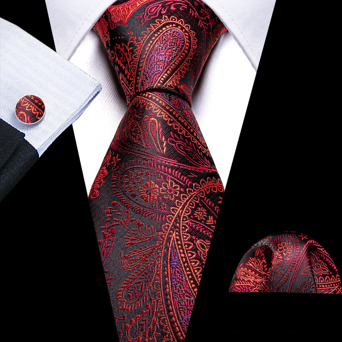 Red Black Paisley Silk Tie, Pocket Square and Cufflinks Set tie sets - Sophisticated Gentlemen