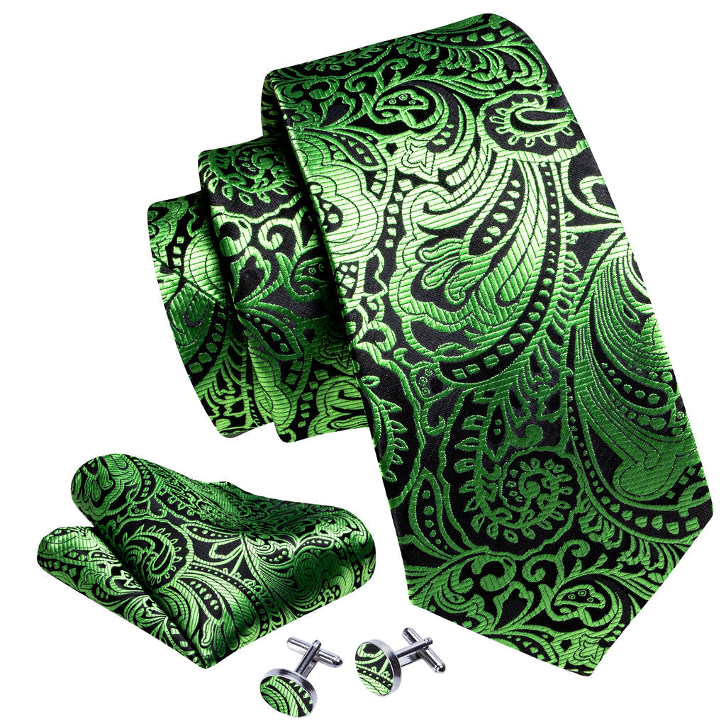 Green Black Paisley Tie, Pocket Square and Cufflinks Set tie sets    - Sophisticated Gentlemen