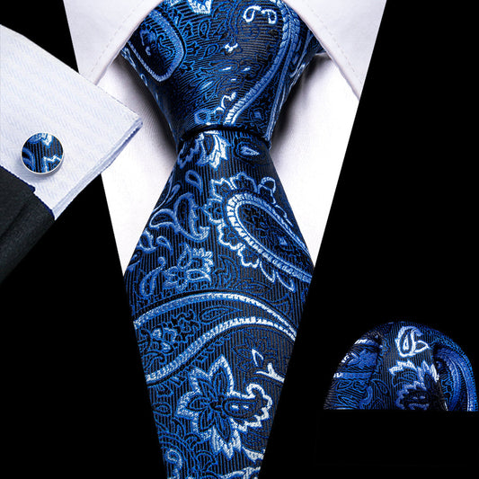 Blue White Beautiful Paisley Tie, Pocket Square and Cufflinks Set tie sets    - Sophisticated Gentlemen
