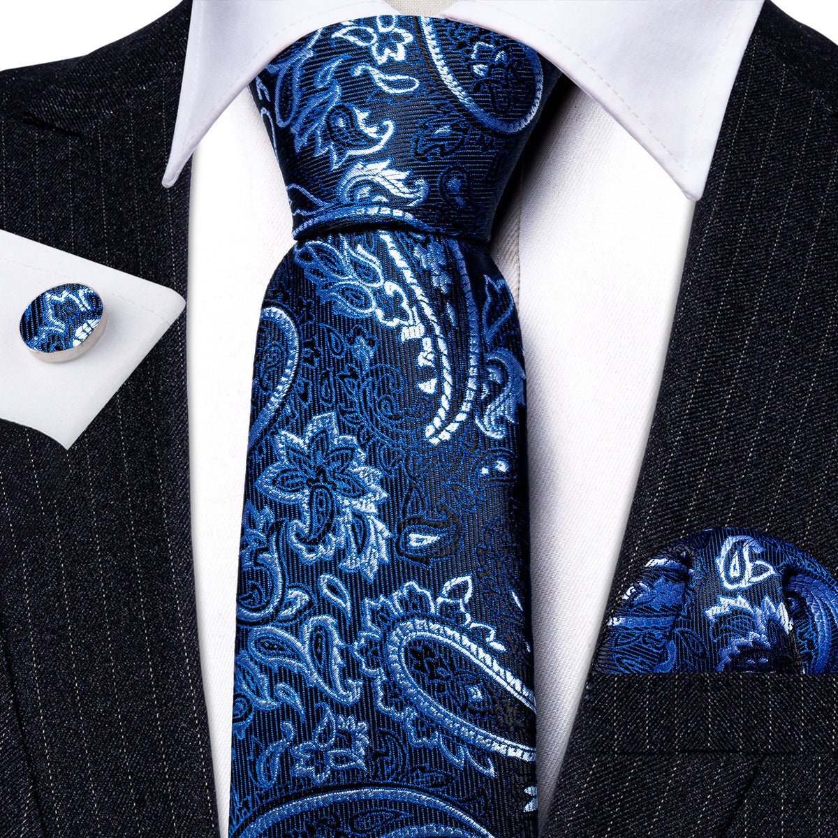 Blue White Beautiful Paisley Tie, Pocket Square and Cufflinks Set tie sets - Sophisticated Gentlemen