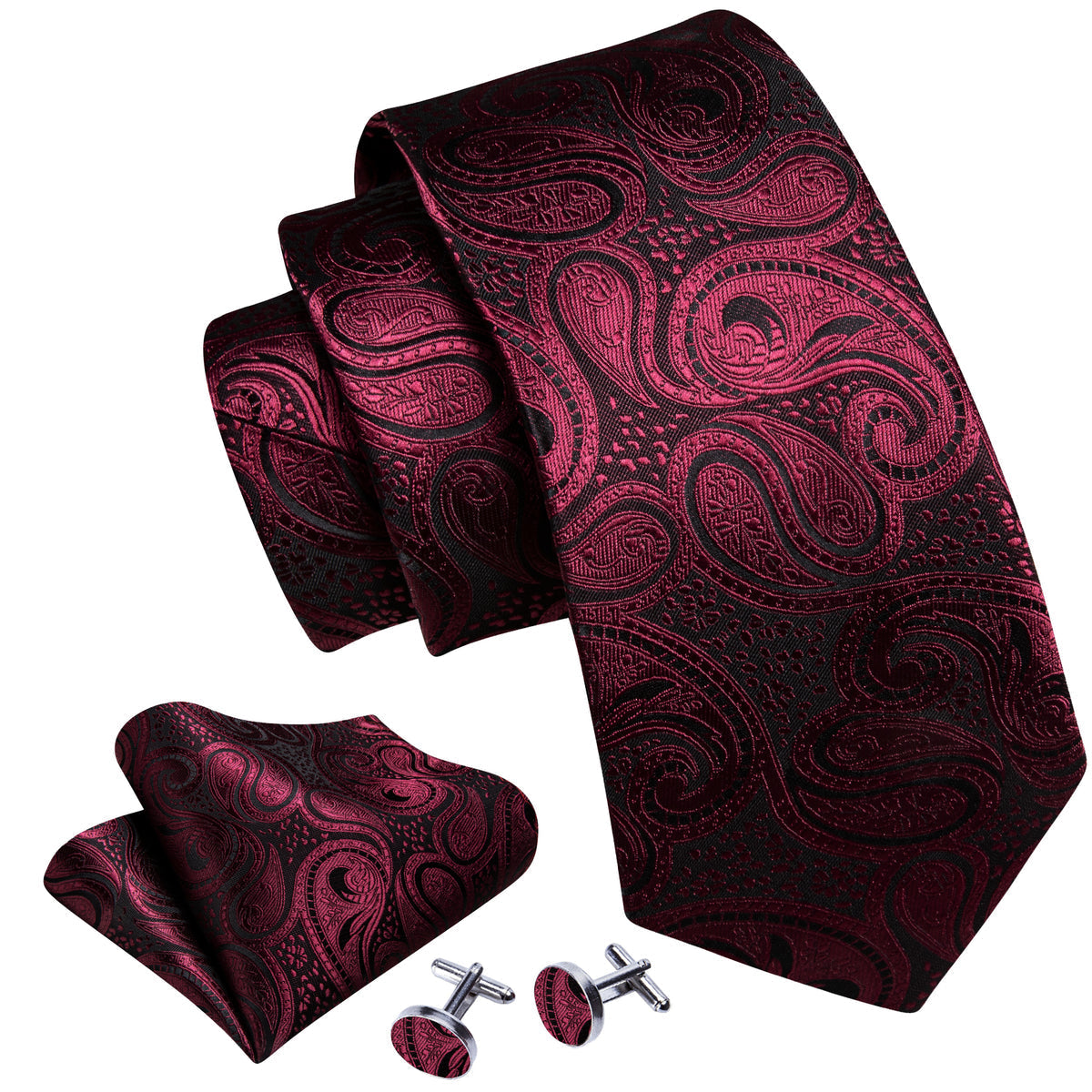 Red Black Paisley Formal Silk Tie, Pocket Square and Cufflinks Set tie sets - Sophisticated Gentlemen