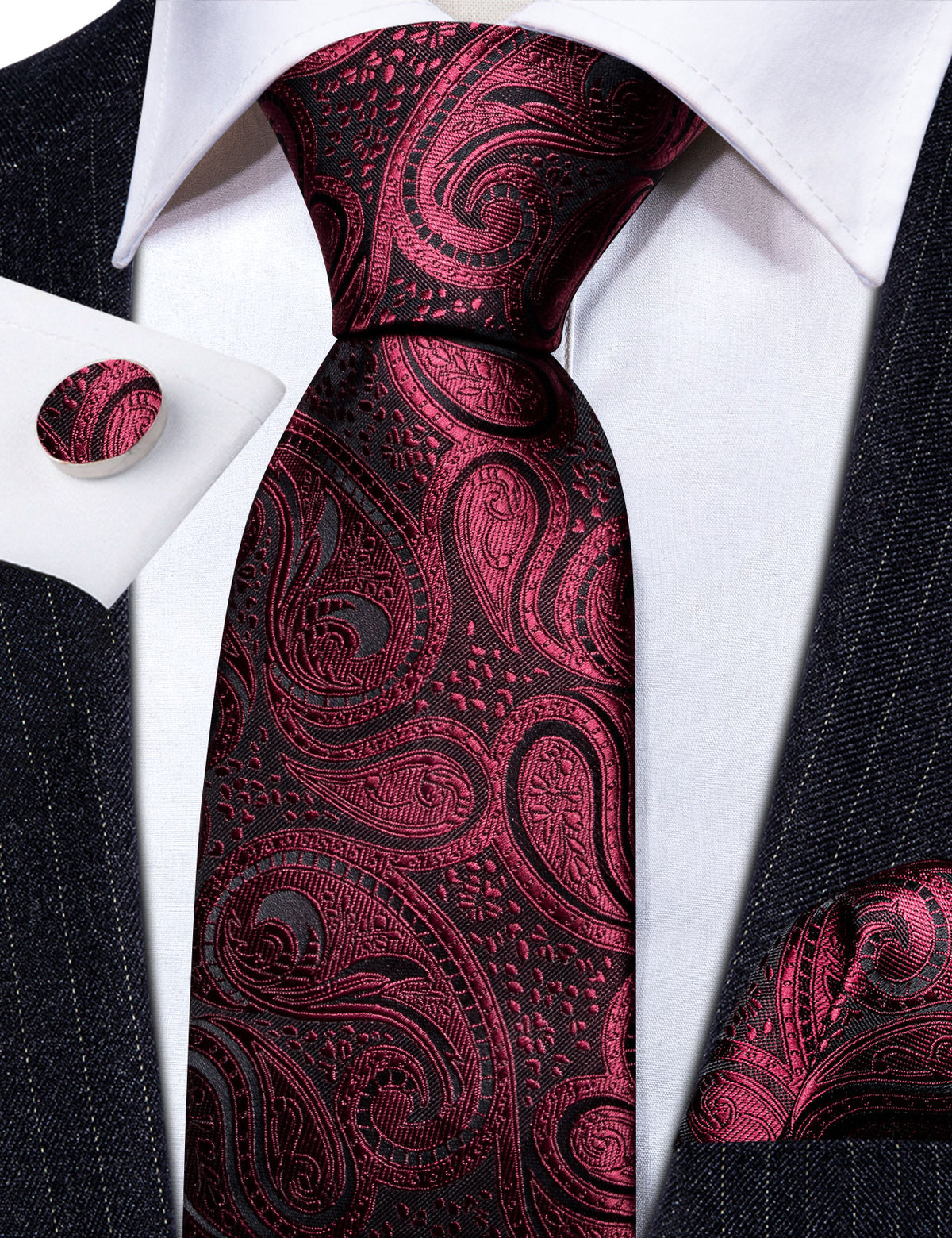 Red Black Paisley Formal Silk Tie, Pocket Square and Cufflinks Set tie sets - Sophisticated Gentlemen