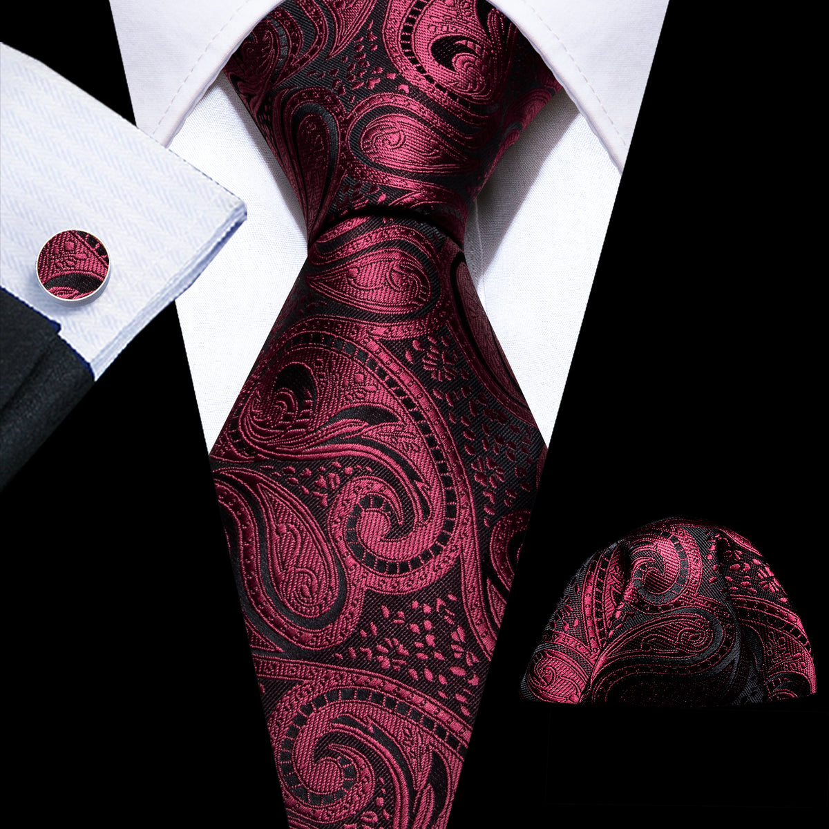 Red Black Paisley Formal Silk Tie, Pocket Square and Cufflinks Set tie sets - Sophisticated Gentlemen