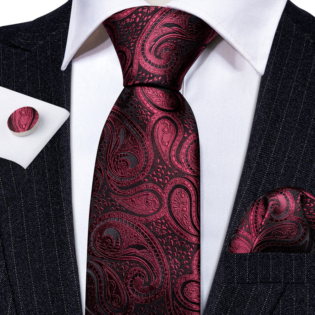 Red Black Paisley Formal Silk Tie, Pocket Square and Cufflinks Set tie sets - Sophisticated Gentlemen