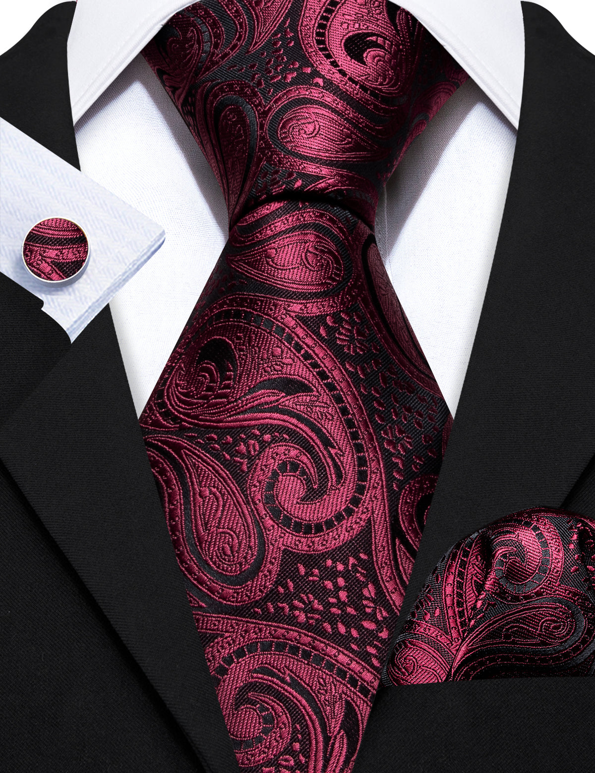 Red Black Paisley Formal Silk Tie, Pocket Square and Cufflinks Set tie sets - Sophisticated Gentlemen