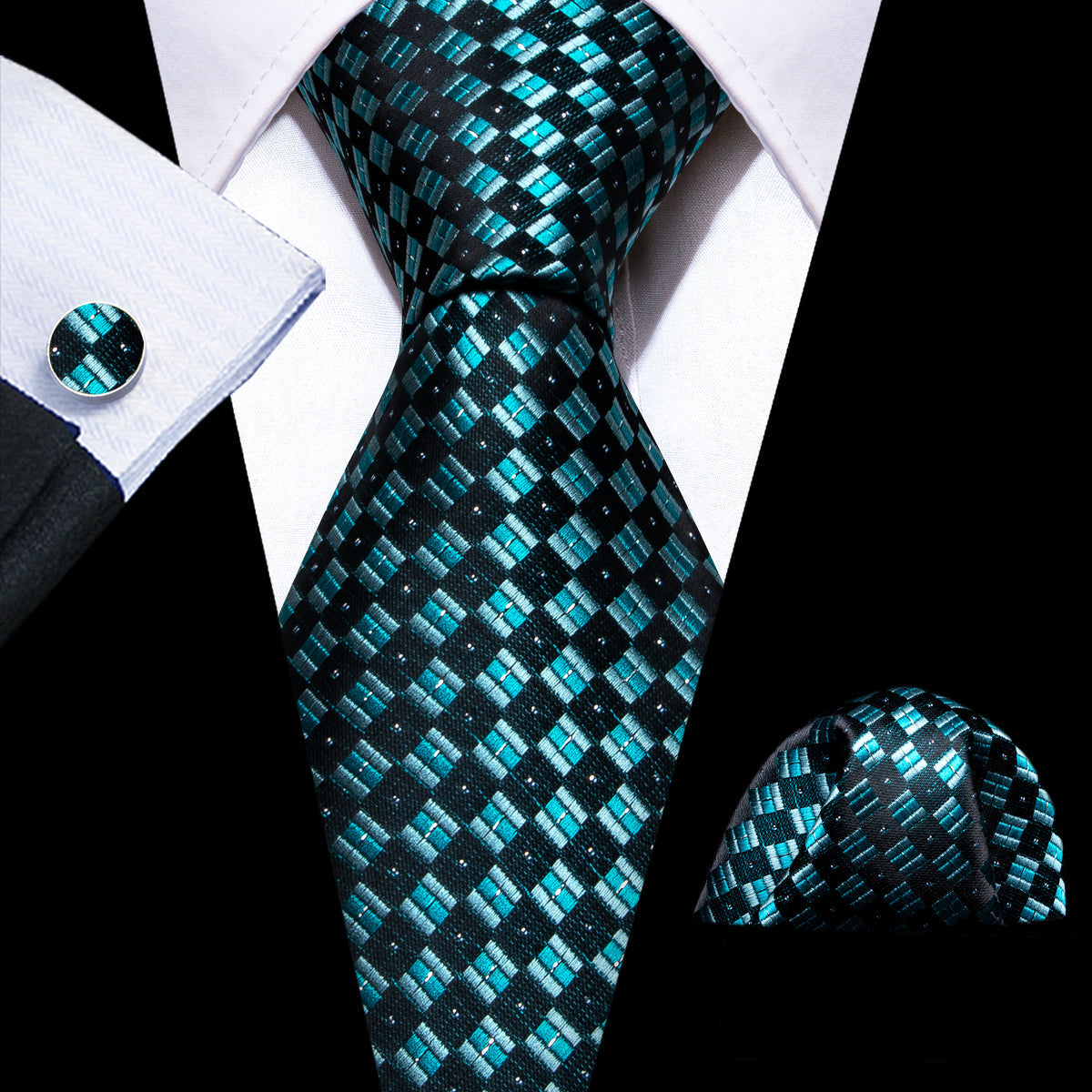 Blue Black Plaid Checkered Tie, Pocket Square and Cufflinks Set tie sets - Sophisticated Gentlemen