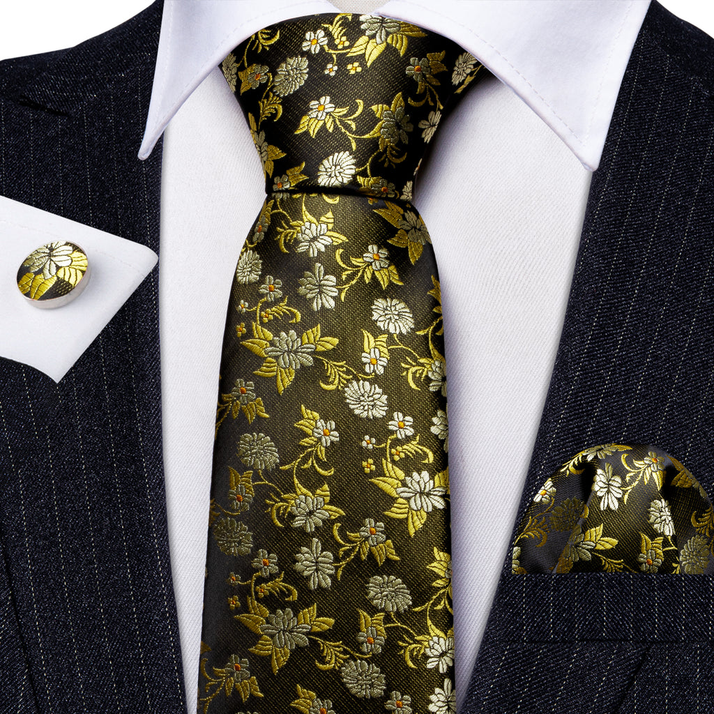 Shining Yellow Flower Silk Tie, Pocket Square and Cufflinks Set tie sets - Sophisticated Gentlemen