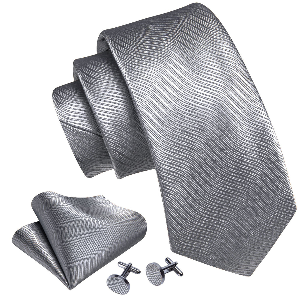 Gray White Solid Silk Tie, Pocket Square and Cufflinks Set tie sets - Sophisticated Gentlemen