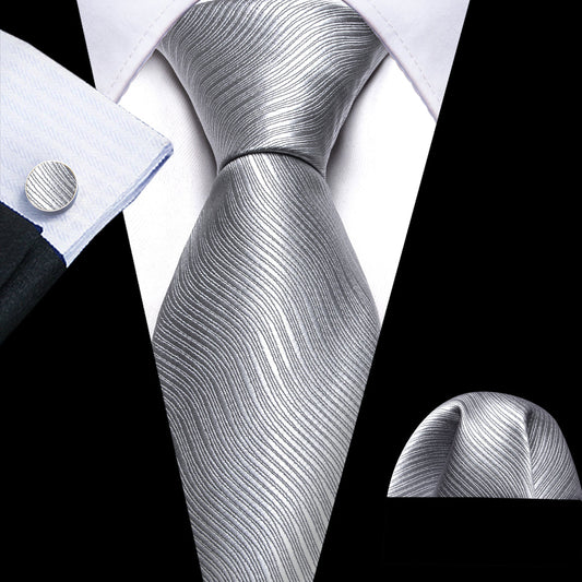 Gray White Solid Silk Tie, Pocket Square and Cufflinks Set tie sets    - Sophisticated Gentlemen