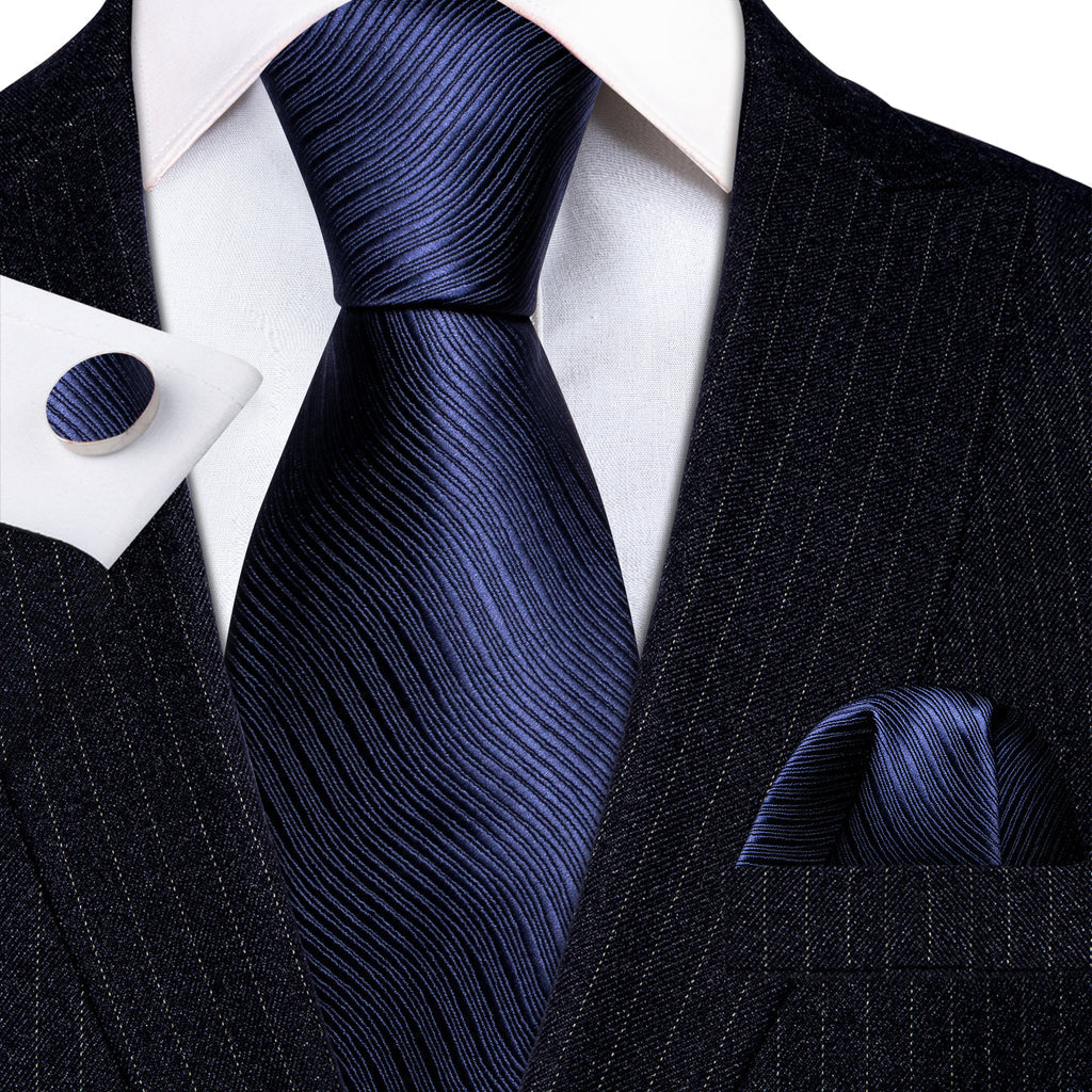 Navy Blue Wave Solid Tie, Pocket Square and Cufflinks Set tie sets - Sophisticated Gentlemen