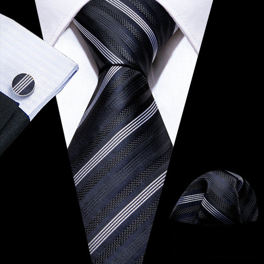 Black Gray Striped Silk Tie, Pocket Square and Cufflinks Set tie sets    - Sophisticated Gentlemen