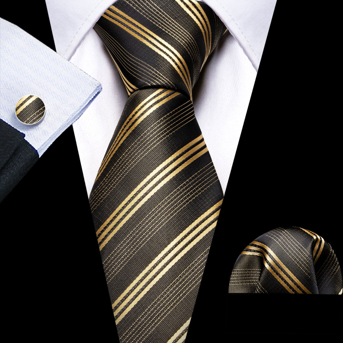 Green Gold Striped Silk Tie, Pocket Square and Cufflinks Set tie sets - Sophisticated Gentlemen