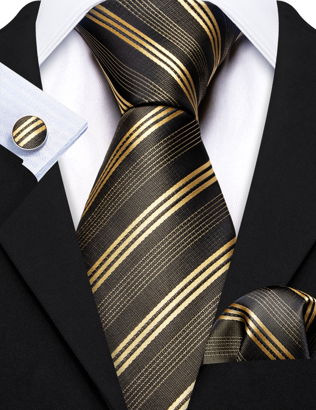 Green Gold Striped Silk Tie, Pocket Square and Cufflinks Set tie sets - Sophisticated Gentlemen