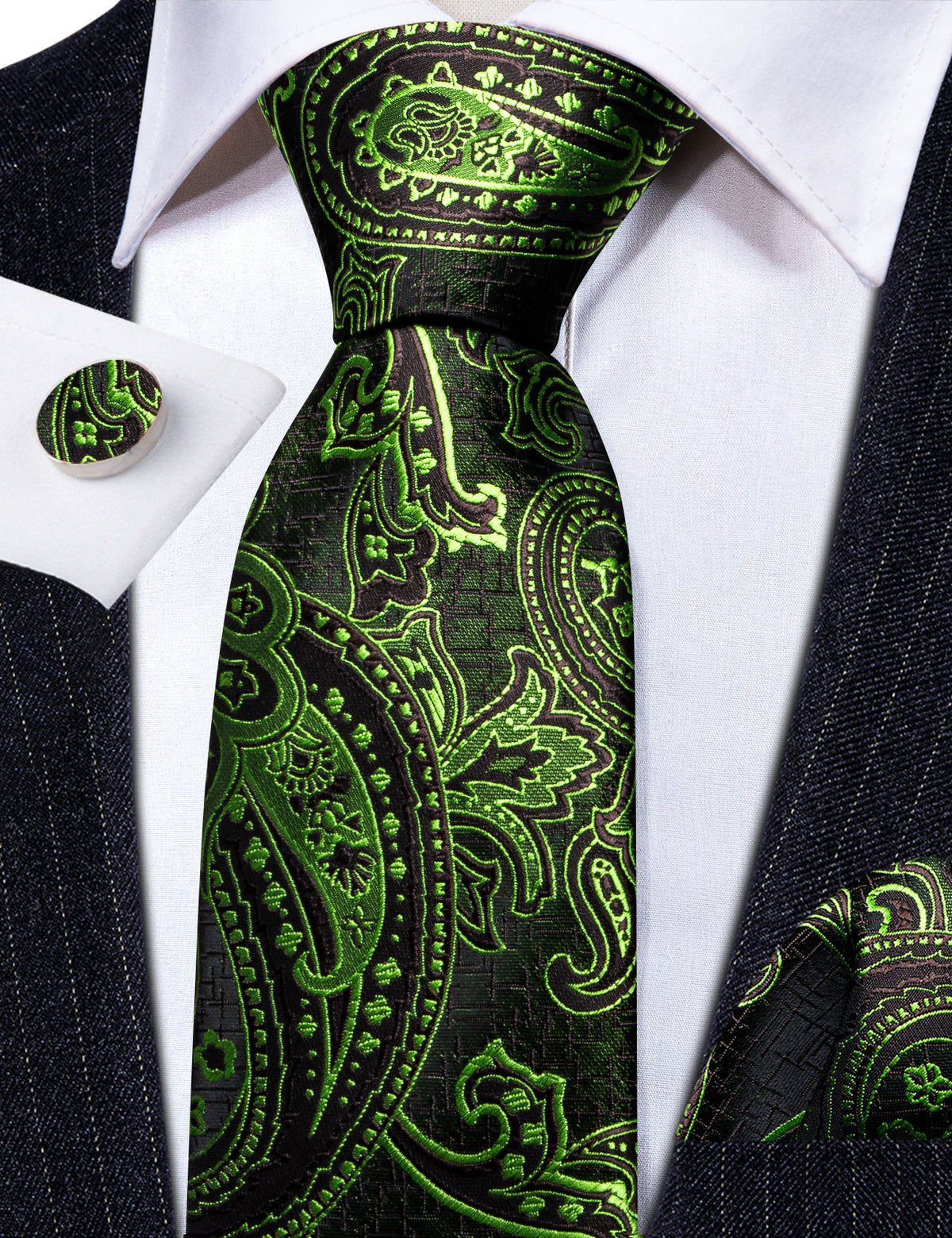 Green Brown Paisley Silk Tie, Pocket Square and Cufflinks Set tie sets - Sophisticated Gentlemen