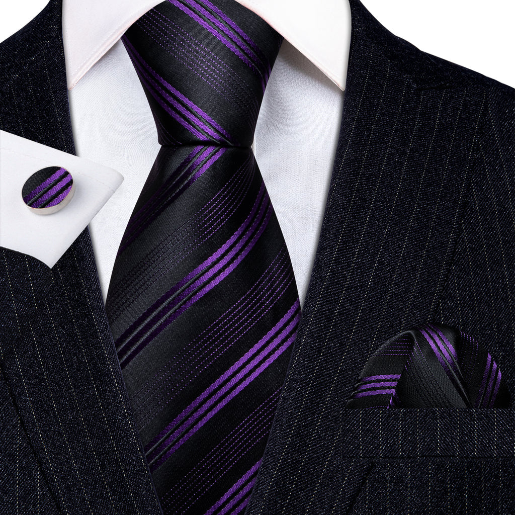 Black Purple Striped Silk Tie, Pocket Square and Cufflinks Set tie sets - Sophisticated Gentlemen