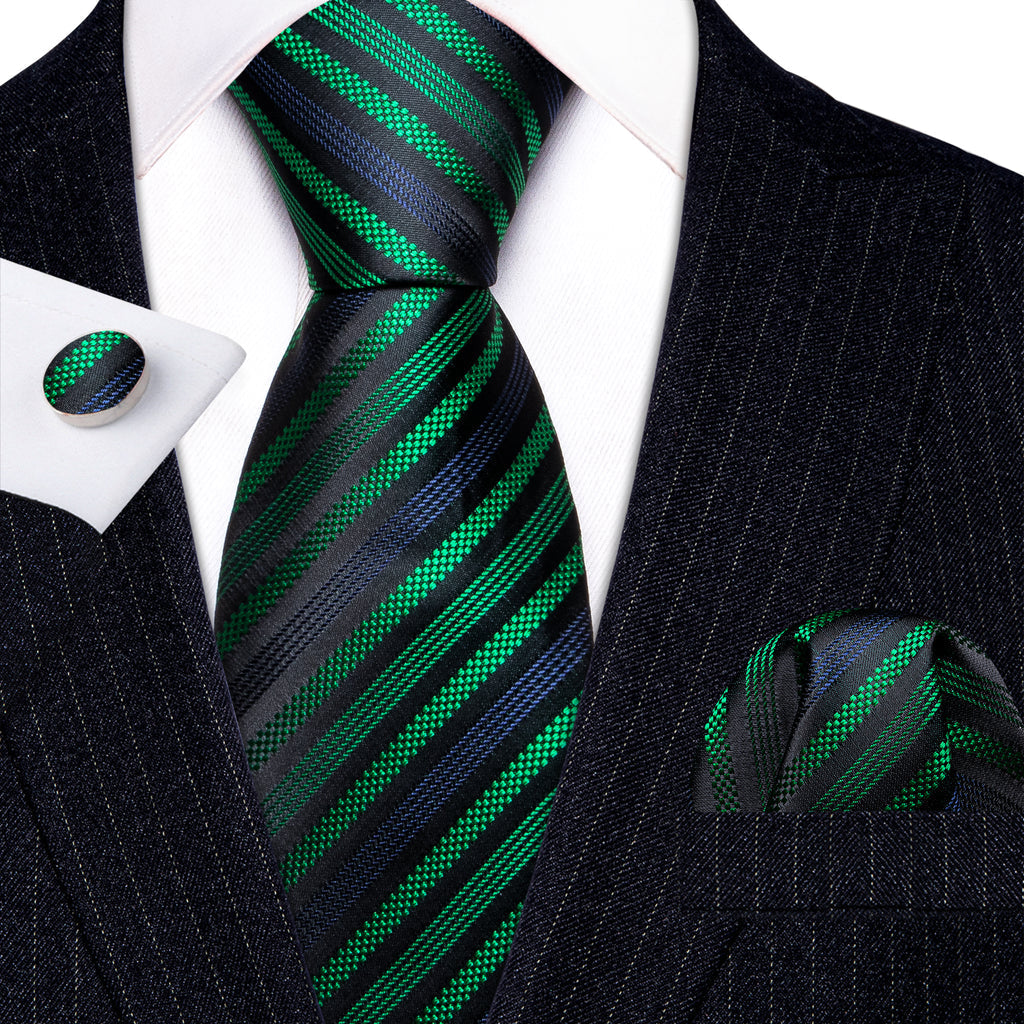 Black Green Blue Jacquard Striped Silk Tie, Pocket Square and Cufflinks Set tie sets - Sophisticated Gentlemen