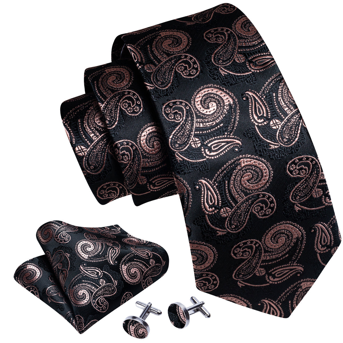 Black Brown Paisley Tie, Pocket Square and Cufflinks Set tie sets - Sophisticated Gentlemen